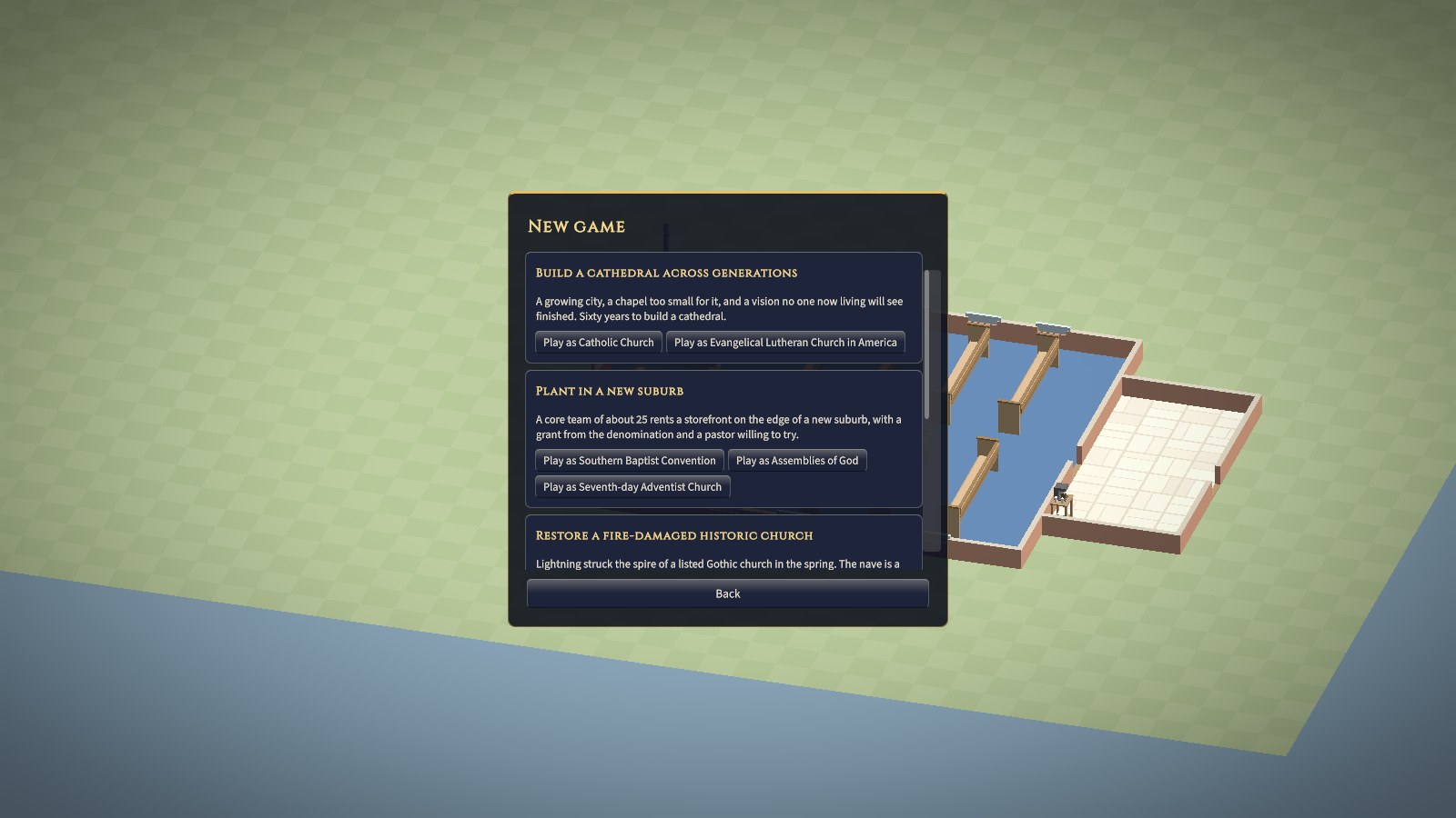 New game. Each scenario has a short summary and one button per tradition it can be played in. Scroll down for free play.