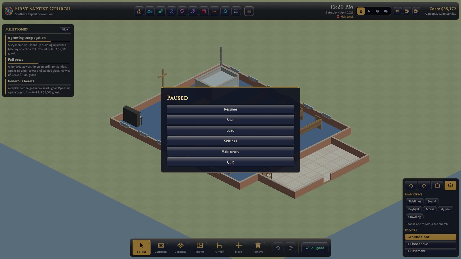 The pause menu (Esc or Menu): resume, save, load, settings, back to the main menu, or quit.