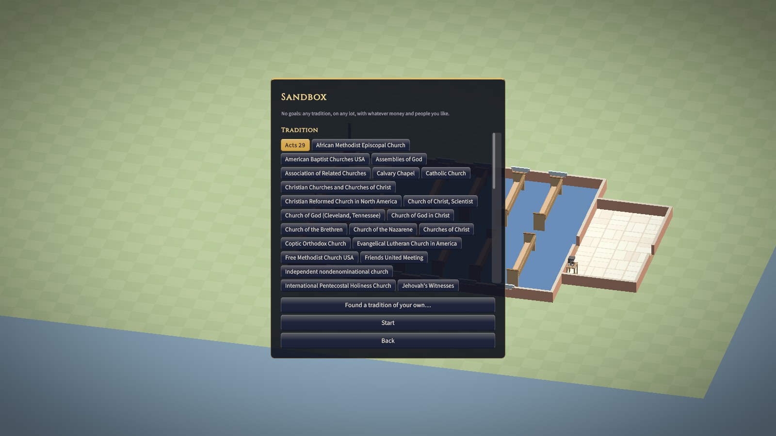 The sandbox screen: pick a tradition, a lot, a budget, a starting congregation, and a name. "Found a tradition of your own..." lets you design a new one.