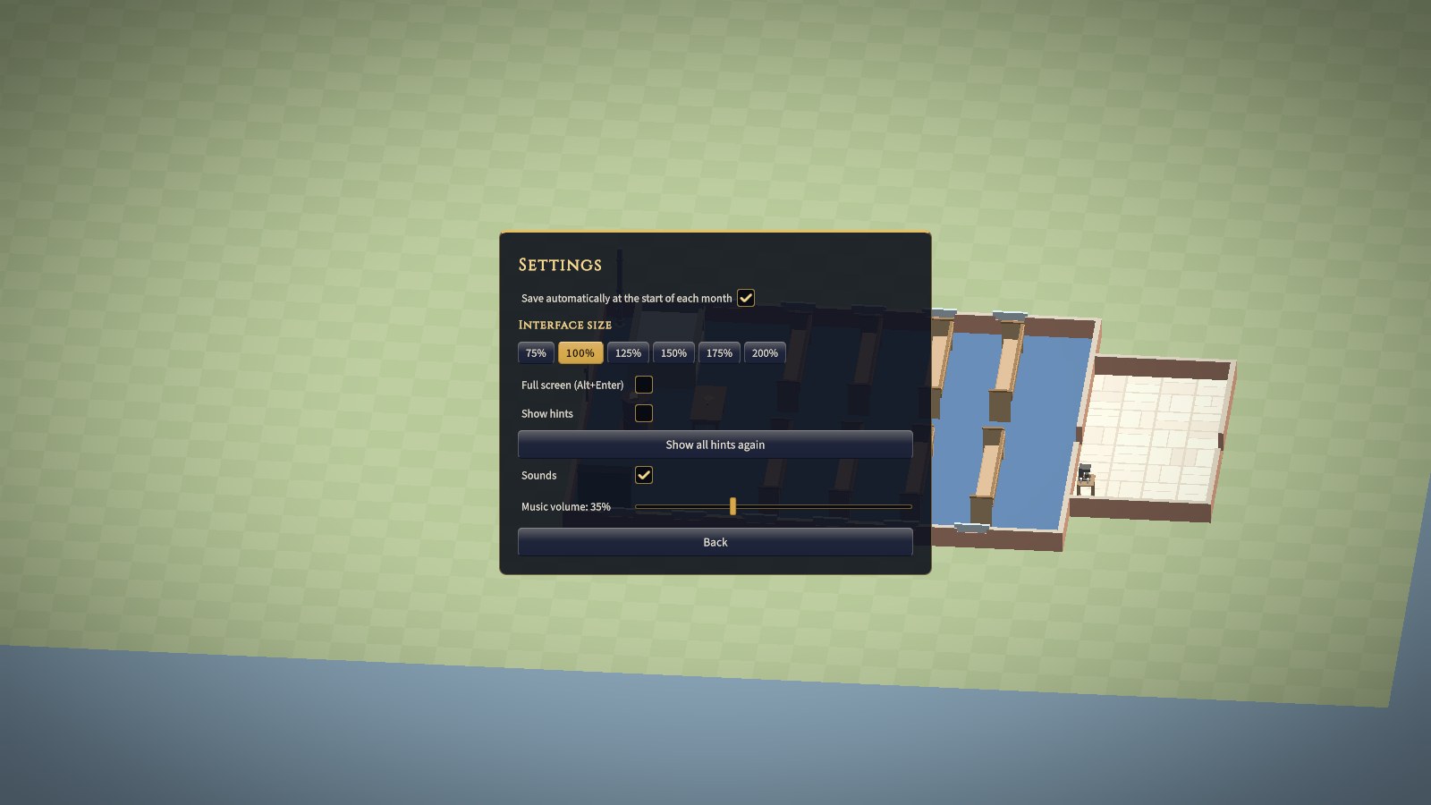 Settings: monthly autosave, interface size from 75% to 200%, full screen, hints, sounds, and music volume.