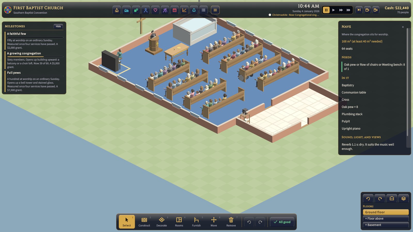 The room inspector: area, seats, needs, contents, and sound, light, and views.