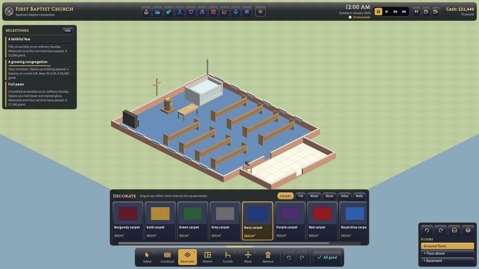 The Floors tray, with a tab for each kind of floor (carpet, tile, wood, stone), each card showing the floor as it's laid and its price per square metre, and No floor to take one up.
