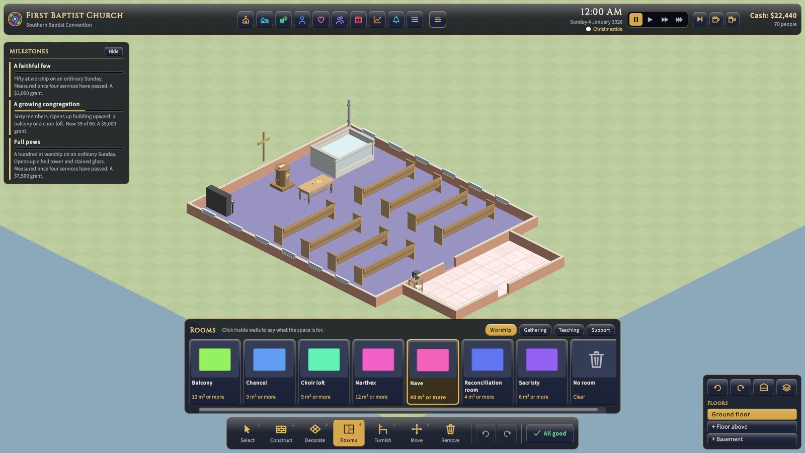 The Rooms tray has a tab for each kind of room, and a card for each room type with its minimum size. The rooms are washed in their colours over the church.