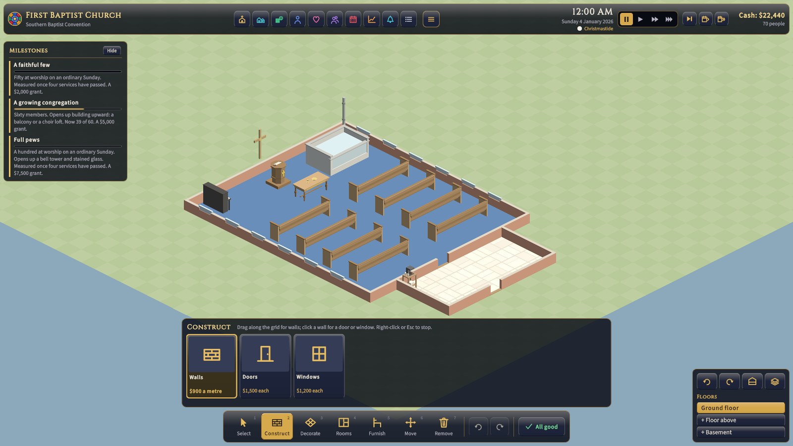 The Walls tool. Walls run along the grid lines between tiles, a metre at a time.