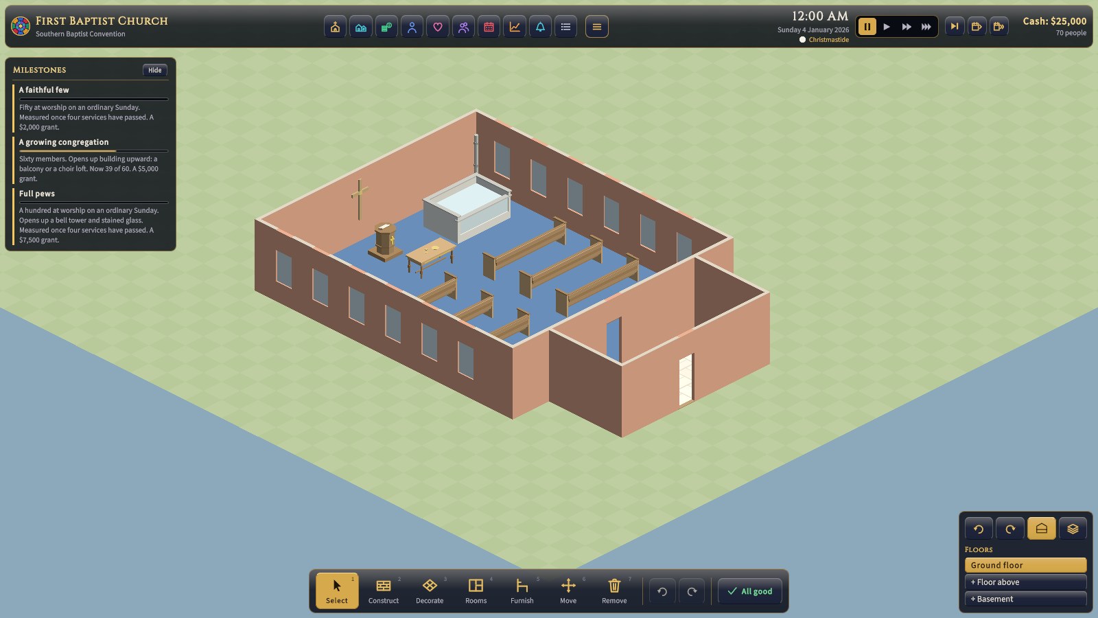 Walls cut away round the pointer: the walls near it drop to show the inside, and the rest stand.